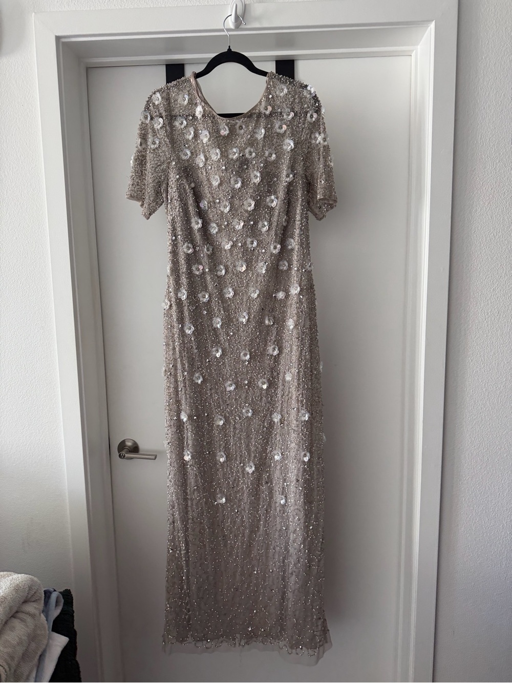 Adrianna Papell Champagne Beaded Floral Appliqué Maxi Dress